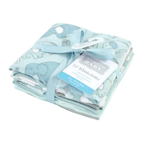 Hudson Baby Unisex Baby Flannel Cotton Poly Washcloths, Boy New Elephant 12Pk, One Size - color: Boy New Elephant 12pk