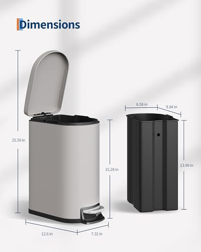 Garvee 2.6 gal / 10 L Metal Bathroom Trash Can with Lid, Slim Waterproof Garbage Can for Bedroom, Small Step-on Trash Bin with Inner Bucket, Rear Handle, Soft Close Lid, Grey - color: Grey, size: 2.6 Gallons