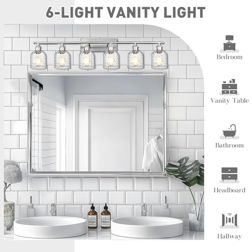 zeyu 6-Light Bathroom Wall Light Fixture, 42 Inch Modern Nickel Vanity Lighting Fixtures for Bedroom, Brushed Nickel Finish with Clear Hammered Glass, ZJF63B-6W BN - color: Brushed Nickel|Hammered Glass, size: 6-Light