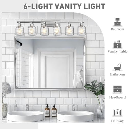 zeyu 6-Light Bathroom Wall Light Fixture, 42 Inch Modern Nickel Vanity Lighting Fixtures for Bedroom, Brushed Nickel Finish with Clear Hammered Glass, ZJF63B-6W BN - color: Brushed Nickel|Hammered Glass, size: 6-Light