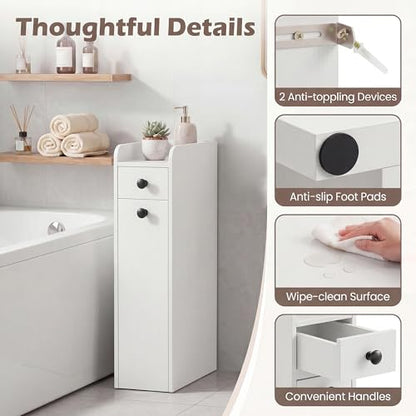 COSTWAY Slim Bathroom Cabinet, Freestanding Narrow Organizer, White | 7" Wide Space-Saving Storage with 2-Tier Slide-Out Drawer, Shelf & Toilet Paper Holder, for Bathroom, Laundry & Small Spaces - color: White