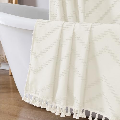 Small Boho Stall Shower Curtain, Beige Fabric Cloth Stall Shower Curtain 36 x 72 Half Size with Tassel Tufted Chevron Striped Textured Modern Farmhouse for Bathroom, Machine Washable - color: Beige, size: 36"W x 72"L (Pack of 1)