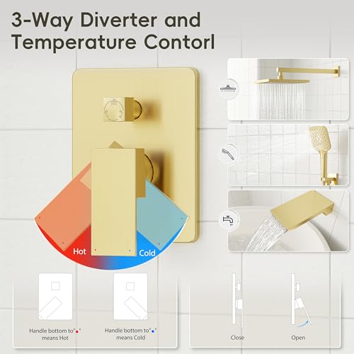 Gabrylly Shower System with Tub Spout, Wall Mounted Shower Faucet Set for Bathroom with High Pressure 10" Rain Shower head and 3-Setting Handheld Shower Head Set,Brushed Gold - color: brushed gold 01