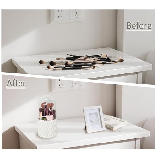 360°Smooth Rotating Makeup Brush Holder with Dustproof Lid Spinning Vanity Organizer for Beauty Lipstick Perfume,Brushes Storage Container,Countertop,Dressing Table,Bathroom Desk (White)