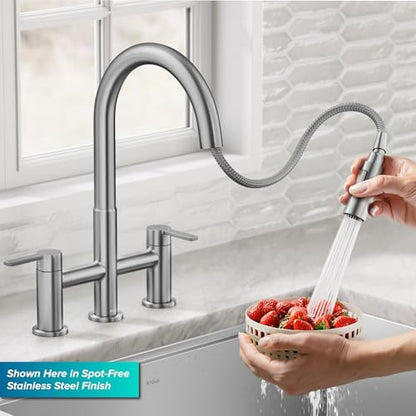 KRAUS Oletto Bridge Kitchen Faucet with Pull-Down Sprayhead in Spot-Free Antique Champagne Bronze, KPF-3122SFACB - color: Spot Free Antique Champagne Bronze, style: Bridge Faucet
