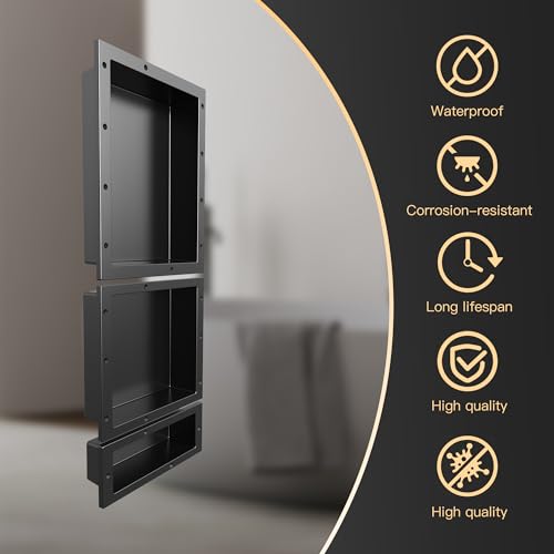 Shower Niche SMC Material 40(20+14+6) X16in Niche for Shower Wall Shower Niches Ready for Tile Shower Niche Shelf Black