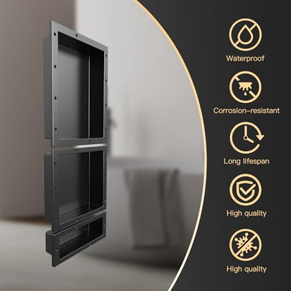 Shower Niche SMC Material 40(20+14+6) X16in Niche for Shower Wall Shower Niches Ready for Tile Shower Niche Shelf Black