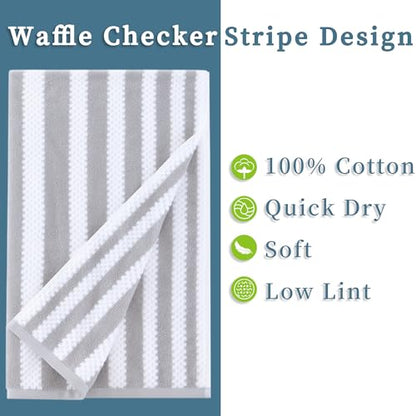 Waffle Bath Towels, 4PC 28" x 52" - 100% Cotton | Quick Dry | Light Weight | Soft | Breathable, Striped Bath Towels for Bathroom, Shower Towel Gift Set, Gray Stripes and White Checker/Waffle - color: Grey and White, size: 4 PC Bath Towel Set