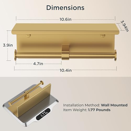 FORIOUS Toilet Paper Holder with Shelf, Commercial Toilet Paper Dispensers | Brushed Gold | Wall Mount Bathroom Tissue Holder | SUS304 Stainless Steel Rustproof | Double Tissue Roll Holder - color: Brushed Gold