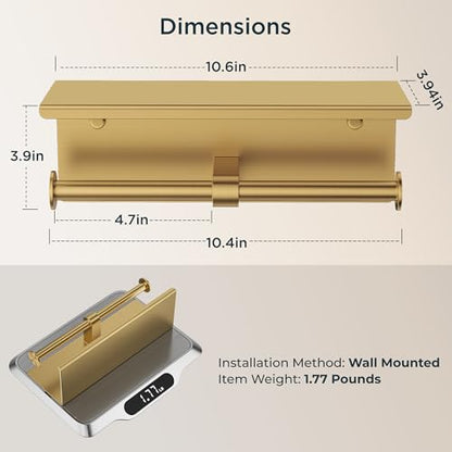 FORIOUS Toilet Paper Holder with Shelf, Commercial Toilet Paper Dispensers | Brushed Gold | Wall Mount Bathroom Tissue Holder | SUS304 Stainless Steel Rustproof | Double Tissue Roll Holder - color: Brushed Gold