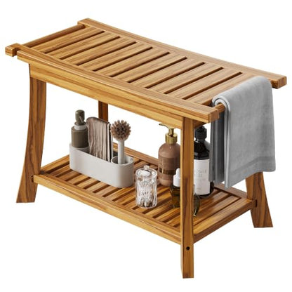24" Teak Shower Bench with Towel Bar & Shelf - 2-Tier Bath Stool | Solid Teak Shower Stool, Safety Non-Slip Feet, 300lbs Capacity Spa bath Seat, Leg Shaving, Sauna, Indoor & Outdoor Use