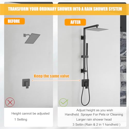 BESy All Metal 10 Inch Square Rainfall Shower Head with 2 In 1 Handheld Spray Combo Shower Sytem Shower Faucet Fixturer Showerhead Rain Set Hand Held Sprayer with Adjustable Slide Bar Brass Black