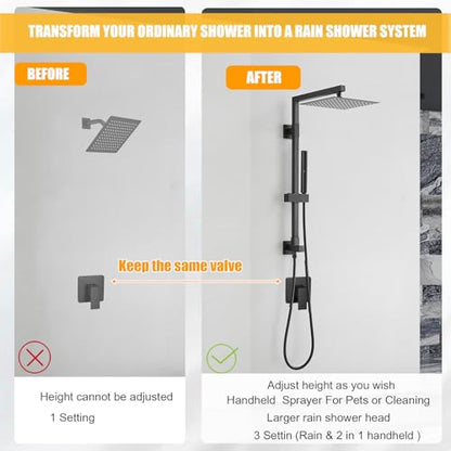 BESy All Metal 10 Inch Square Rainfall Shower Head with 2 In 1 Handheld Spray Combo Shower Sytem Shower Faucet Fixturer Showerhead Rain Set Hand Held Sprayer with Adjustable Slide Bar Brass Black