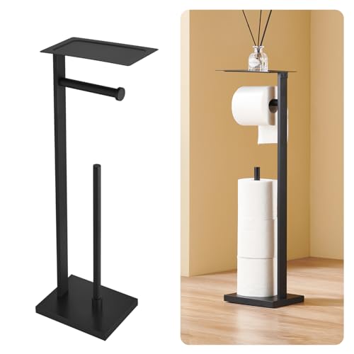 Freestanding Toilet Paper Holder Stand – Stainless Steel Bathroom Tissue Holder with Storage Tray & Roll Organizer, Square Design (Matte Black) - color: Matte Black