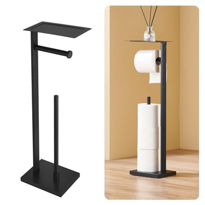 Freestanding Toilet Paper Holder Stand – Stainless Steel Bathroom Tissue Holder with Storage Tray & Roll Organizer, Square Design (Matte Black) - color: Matte Black