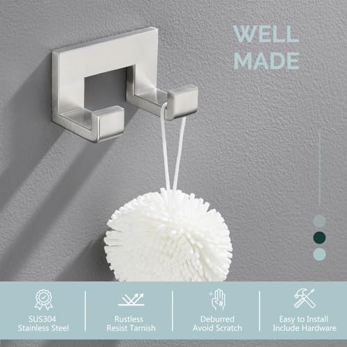 Angle Simple Double Towel Hook, Bathroom Robe Coat Hook, Brushed Nickel | Solid SUS304 Stainless Steel Hand Towel Holder, Modern Home Storage for Kitchen Shower Entryway RV, Screws Wall Mount - color: Brushed Nickel