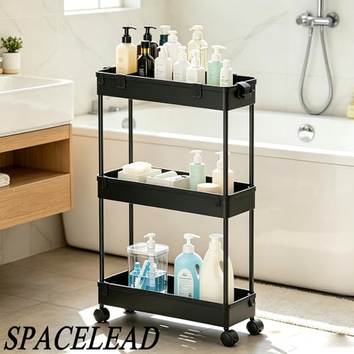 Slim Storage Cart 3 Tier,Bathroom Organizer Rolling Utility,Mobile Shelving Unit Slide Out for Office, Kitchen, Laundry Room & Narrow Places,Black - color: Black