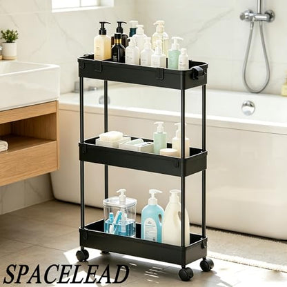 Slim Storage Cart 3 Tier,Bathroom Organizer Rolling Utility,Mobile Shelving Unit Slide Out for Office, Kitchen, Laundry Room & Narrow Places,Black - color: Black
