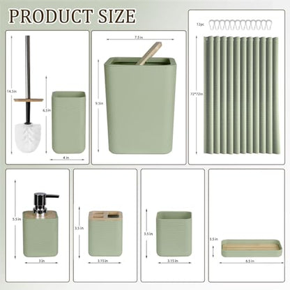 CERBIOR Bamboo Bathroom Accessory Set with Shower Curtain,Green,20PCS | Spiral Set Includes Shower Curtain,Soap Dispenser, Toothbrush Holder, Toothbrush Cup, Soap Dish for Decorative and House Gift - size: Bath Set+Shower Curtain, style: Green