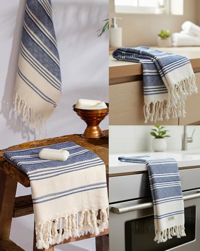 DEMMEX Organic Turkish Hand Towels for Bathroom – 100% Oeko-TEX Certified Turkish Cotton, Quick Dry, Lightweight Kitchen & Travel Towels, Diamond Weave, Large 18x36 Inches, Set of 2, Navy Blue - color: Navy
