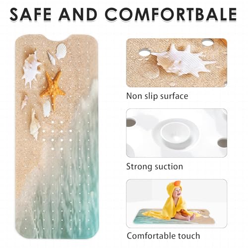 Bath Mat for Tub, Starfish Beach, 40 X 16 Inch, for Kids | Summer Sea Shell Extra Long Bathtub Mat Anti Slip with Suction Cups and Drain Holes for Kids Adults Elderly - color: Beach Starfish