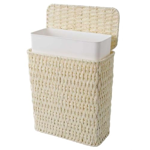 Coeusy 3 Gallon Paper Rope Bathroom Trash Can,Small Wicker Trash Cans with Lid and Liner,Woven Rattan Narrow Waste Basket for Bedroom,Office,White - color: White