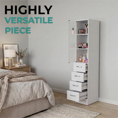 Tuhome Vanguard Tall Linen Cabinet, 68.3" Glass-Door Bathroom Linen Tower with 4 Drawers & 3 Open Shelves, Slim 12" Engineered Wood Linen Storage Cabinet