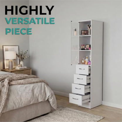 Tuhome Vanguard Tall Linen Cabinet, 68.3" Glass-Door Bathroom Linen Tower with 4 Drawers & 3 Open Shelves, Slim 12" Engineered Wood Linen Storage Cabinet