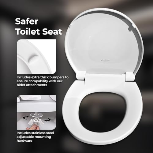 GenieBidet Round Toilet Seat | Noiseless Toilet Cover Seat and Toilet Lids - Durable Plastic Toilet Seat for Easy Installation w/Mounting Tools and Attachments Included | Toilet Seat Round White - style: ROUND TOILET SEAT