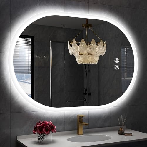 S'bagno 24x36 Inch Oval LED Mirror for Bathroom with Front and Backlight, Anti-Fog, 3 Colors Temperature & Dimmable, Bathroom Mirror with Lights with Memory Function, Waterproof, Shatter-Proof - color: Silver-no Bluetooth, size: 36"L x 24"W