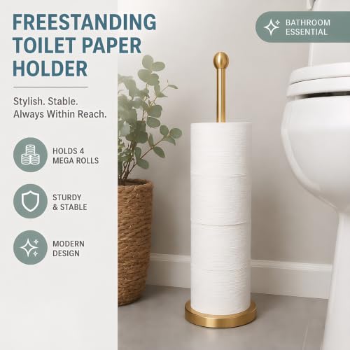 Songtec Gold Toilet Paper Holder Stand with Reserve, Floor Standing Tisse Roll Holder for 4 Rolls, Compact Design Bathroom Toilet Paper Storage - Gold - color: Gold