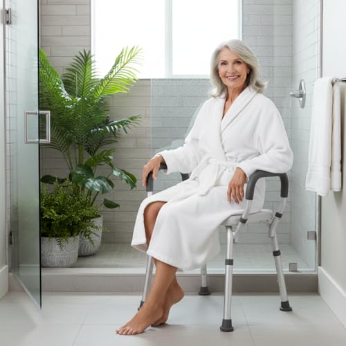 NOVA Bath & Shower Seat with Padded/Removable Arms - for Seniors, Handicap & Medical Use, Adjustable Height, Aluminum Frame, Non-Skid Safety, Tool-Free Assembly, 300lb Capacity