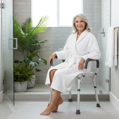 NOVA Bath & Shower Seat with Padded/Removable Arms - for Seniors, Handicap & Medical Use, Adjustable Height, Aluminum Frame, Non-Skid Safety, Tool-Free Assembly, 300lb Capacity