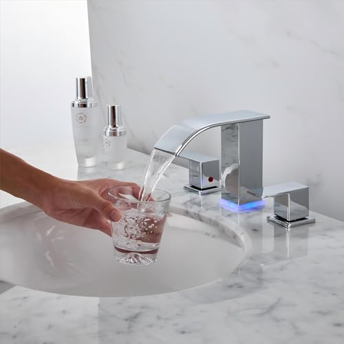LED Bathroom Faucet 3 Hole, Chrome Waterfall Bathroom Faucets, 8 Inch Widespread Modern Bathroom Sink Faucet & Parts, Wide Spread Touch On Three Hole 2 Handle 3 Piece Bathroom Vanity Faucet - color: Chrome