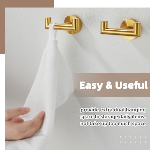 Brushed Gold Double Bathroom Robe Hooks, 2 Pack, Wall Mounted | Rustproof 304 Stainless Steel, Heavy-duty 11lbs Towel Hooks for Robes, Coats, Bags, Shower, Kitchen, Entryway Storage Hooks - color: Brushed Gold