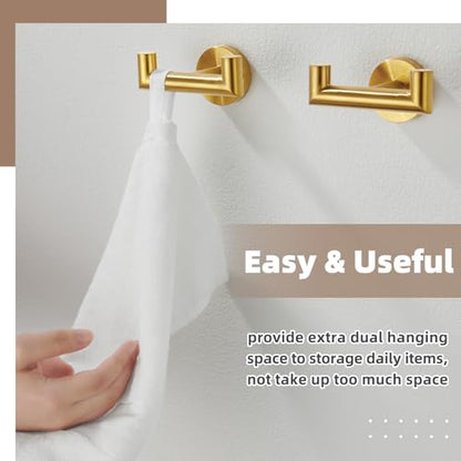 Brushed Gold Double Bathroom Robe Hooks, 2 Pack, Wall Mounted | Rustproof 304 Stainless Steel, Heavy-duty 11lbs Towel Hooks for Robes, Coats, Bags, Shower, Kitchen, Entryway Storage Hooks - color: Brushed Gold