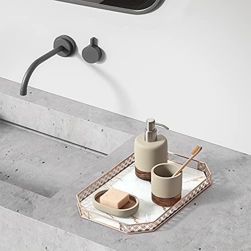 Bathroom Accessories Set 3 Piece Bath Ensemble Includes Soap Dispenser, Tumbler, Dish for Decorative Countertop & Housewarming Gift (Concrete with Acacia Wood) - style: Concrete with Acacia Wood