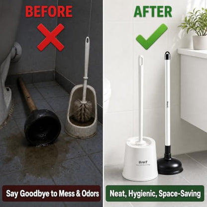Toilet Plunger and Brush Set with Hideaway Holder | Heavy Duty, Compact, Modern Home Decor