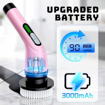 Highyes Electric Spin Scrubber for Bathroom, Upgrated Powerful IPX7 Waterproof Shower Scrubber with Extendable Long Handle A10D (Pink) | IPX7 Waterproof Shower Scrubber with Extendable Long Handle，Bathroom Cleaning Scrubber with 7 Reusable Brush Heads - c