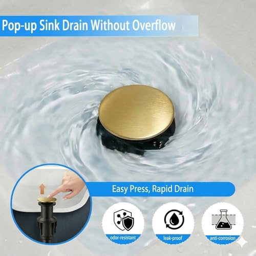 Bathroom Sink Drain Without Overflow- Brushed Gold Pop up Drain for Bathroom Vanity Vessel Sink Drain Stopper - Anti-clog Pop-up Plastic Drain with Hair Catcher Strainer - color: Brushed Gold