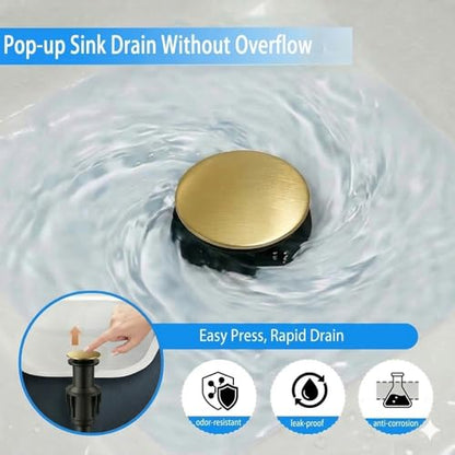 Bathroom Sink Drain Without Overflow- Brushed Gold Pop up Drain for Bathroom Vanity Vessel Sink Drain Stopper - Anti-clog Pop-up Plastic Drain with Hair Catcher Strainer - color: Brushed Gold