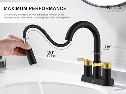 Black and Gold Centerset Pull Down Bathroom Faucet 4 Inch 2 Handle | Pull Out Bathroom Faucet with Pop Up Drain & Supply Lines, Lead-Free cUPC & NSF Certified, 3 Hole Faucet for Vanity RV Bar - color: Black & Gold
