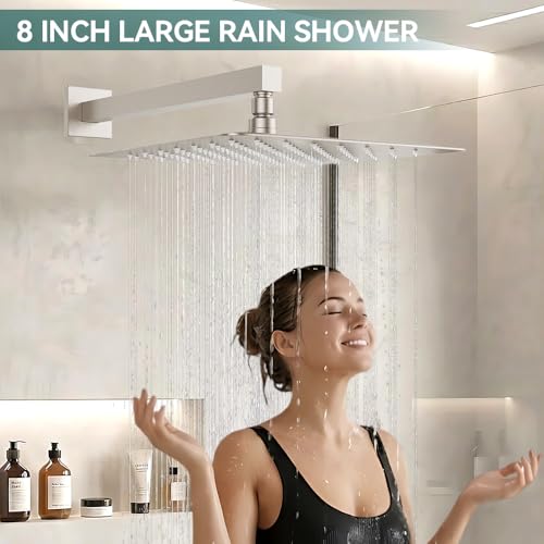 STARBATH Shower Faucet Set Shower System with Diverter Valve Brushed Nickel | 8" Wall Mount Rain Shower Head and Handheld Spray for Two Person,Shower System with Diverter Valve and Trim Kit Complete - color: Brushed Nickel, size: 8"-01