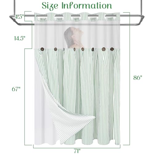 ASPMIZ Farmhouse Striped Shower Curtain and Liner Set No Hook, Green 71x86 | No Hook Shower Curtain with Snap in Liner Fabric, Rustic Washable Waterproof Bathroom Curtains with Button, Mesh Top Window - color: Green Striped, size: 71"W x 86"L (Pack of 1),
