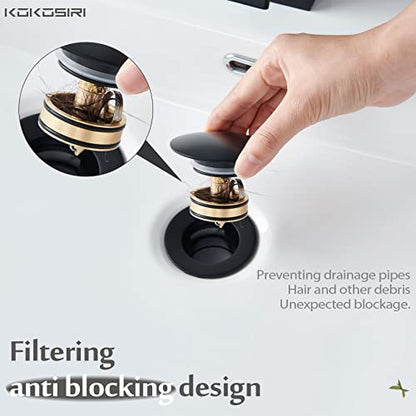 KOKOSIRI Pop Up Sink Drain with Strainer Basket, Matte Black Bathroom Sink Drain with Detachable Hair Catcher Anti Clogging for Vanity Vessel Sink Without Overflow, C1002BK - color: Matte Black