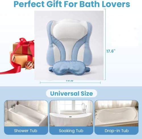 Bath Bathtub Pillow Spa Pillows for Tub 5D Mesh Suction Cups Head Neck Back Support Relaxing Bathing Lovers Gifts.(Blue White)