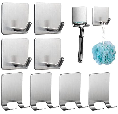 8 Pack Adhesive Hooks, 4 Pack Razor Holder for Shower and 4 Heavy Duty Waterproof Sticky Hooks for Hanging Towels, Loofah, Coat, Hat (Silver) - color: Silver