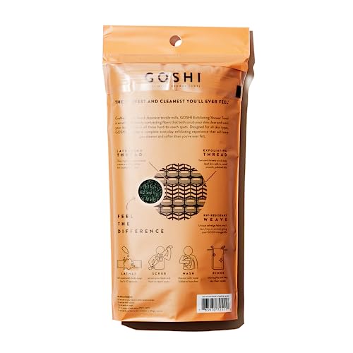 GOSHI Exfoliating Shower Towel - Long Body Scrubber, Green | For back acne, KP & smooth skin, durable quick dry nylon washcloth, ethically crafted in Gunma, Japan - color: Green