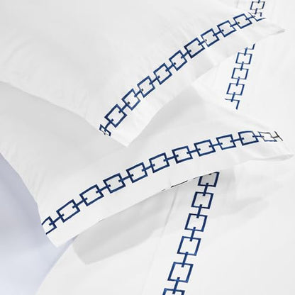 Superior Embroidered Cotton Bed Sheet Set, 1 Elastic Deep Pocket Fitted Sheet, 1 Flat Sheet, 2 Pillowcases, Daily Soft Sheets, Luxury, Unique Design, Chain Links Collection, Full Size, White/Navy Blue - color: White-navy Blue, size: Full