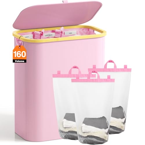 Hampers for Laundry Basket with Lid, 160L Large Laundry Hamper 3 Section | Dirty Clothes Hamper Separator with 3 Removable Bags & 5 Labels, Divided Laundry Organizer for Bedroom, Laundry Room, Pink - color: Pink, size: 160L